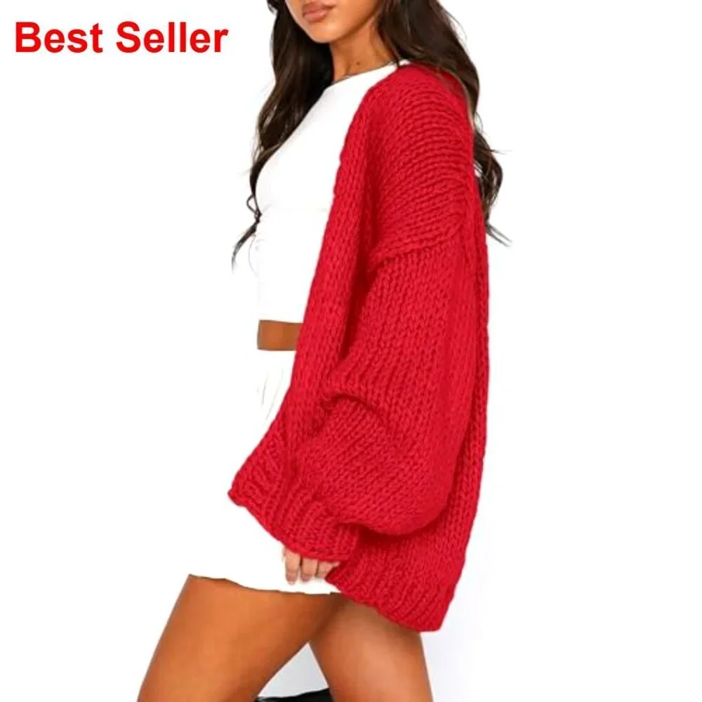 Chunky Knit Cardigan Sweater Long Sleeve Open Front Shawl Collar Loose Fit
